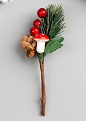 Ветка декоративная "Веточка ели с шишкой и грибочком" 13см